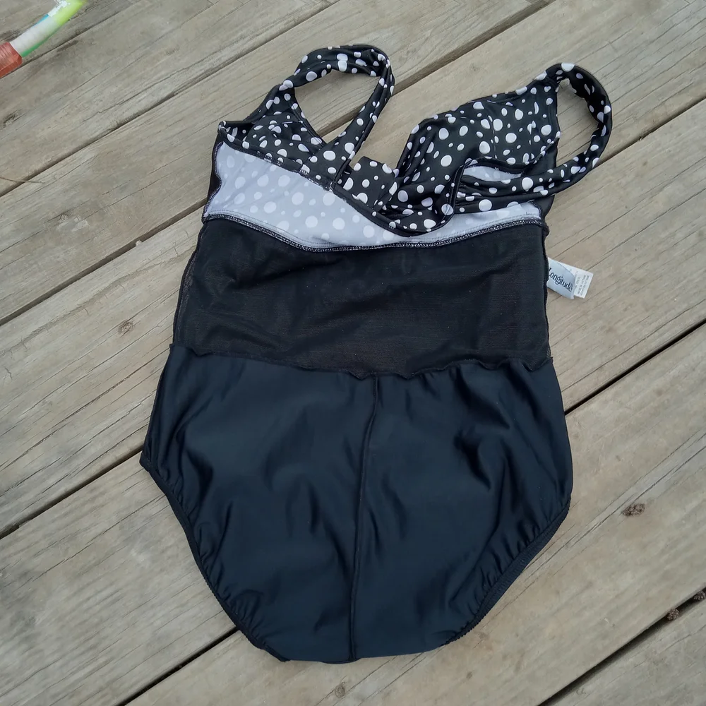 Black White Polka Dot One Piece Swim Dress Women's Size 12